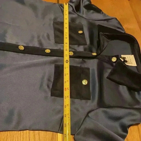 Edward Achour Paris Satin Button Up Shirt 44 Blouse Patch Pocket Metallic Button - Picture 7 of 10